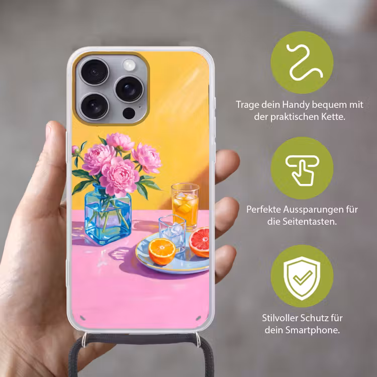 Handyhülle mit Band - Blumen – Rosa – Modern - Bloemen - Roze - Modern Hoesje iPhone 16 Pro Max met koord klein
