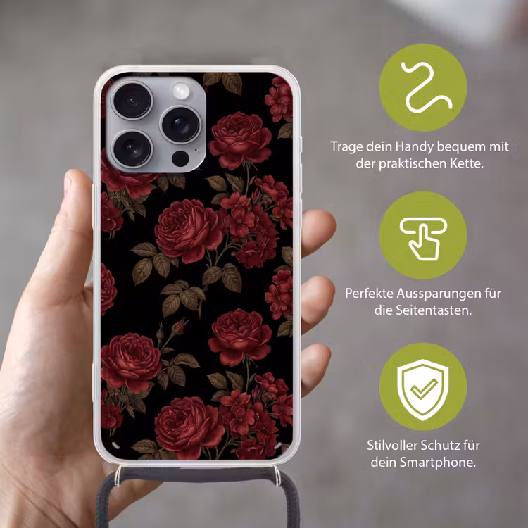 Bloemen - Roos - Patroon - Klassiek - Rood Hoesje iPhone 16 Pro Max met koord klein -sfeer2_DE