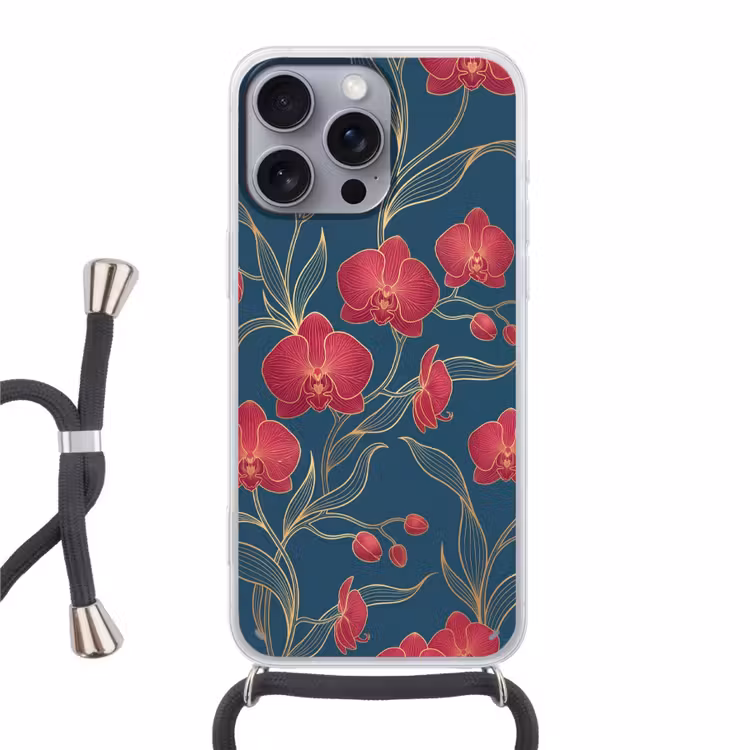 Handyhülle mit Band - Blumen – Rot – Gold - Bloemen - Rood - Goud Hoesje iPhone 16 Pro Max met koord klein