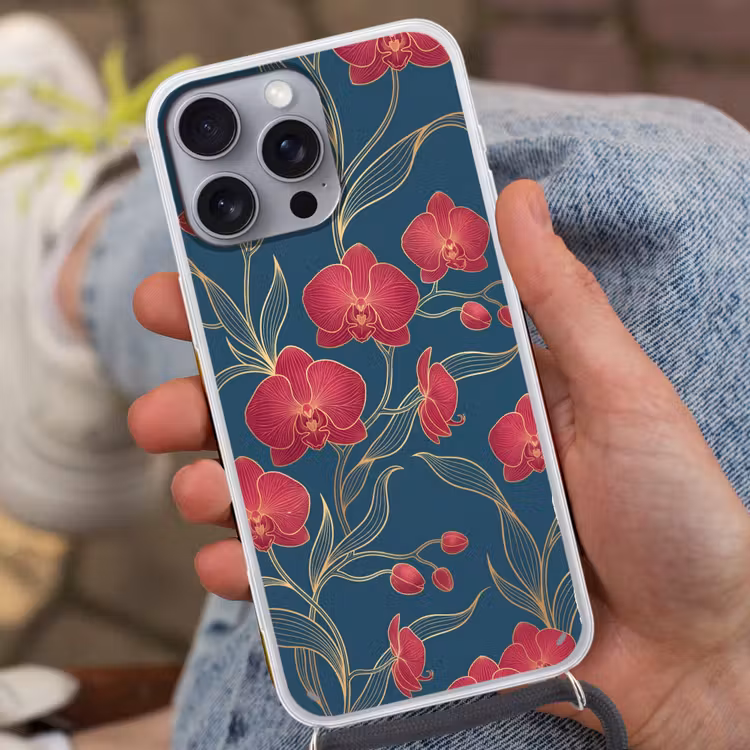 Handyhülle mit Band - Blumen – Rot – Gold - Bloemen - Rood - Goud Hoesje iPhone 16 Pro Max met koord klein