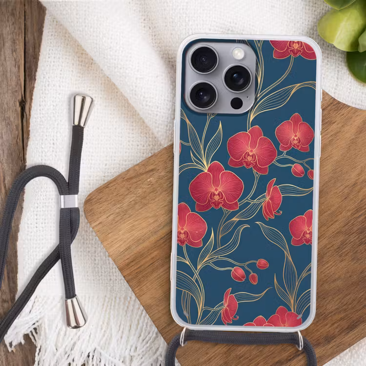 Handyhülle mit Band - Blumen – Rot – Gold - Bloemen - Rood - Goud Hoesje iPhone 16 Pro Max met koord klein