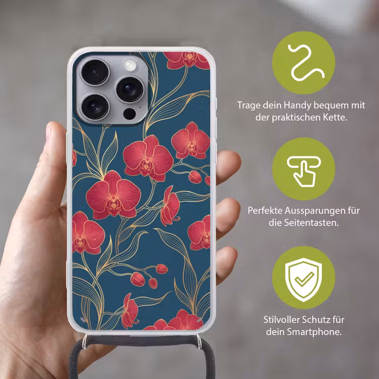 Handyhülle mit Band - Blumen – Rot – Gold - Bloemen - Rood - Goud Hoesje iPhone 16 Pro Max met koord klein