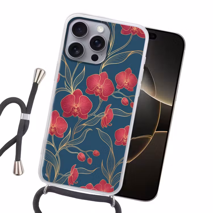 Handyhülle mit Band - Blumen – Rot – Gold - Bloemen - Rood - Goud Hoesje iPhone 16 Pro Max met koord klein
