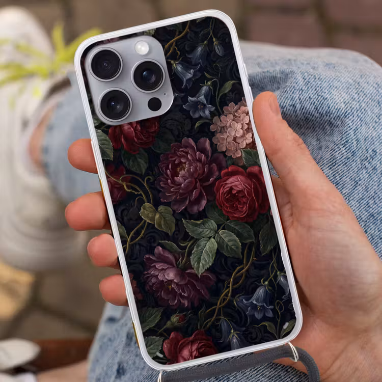 Bloemen - Rood - Klassiek - Donker - Patroon Hoesje iPhone 16 Pro Max met koord klein -sfeer3