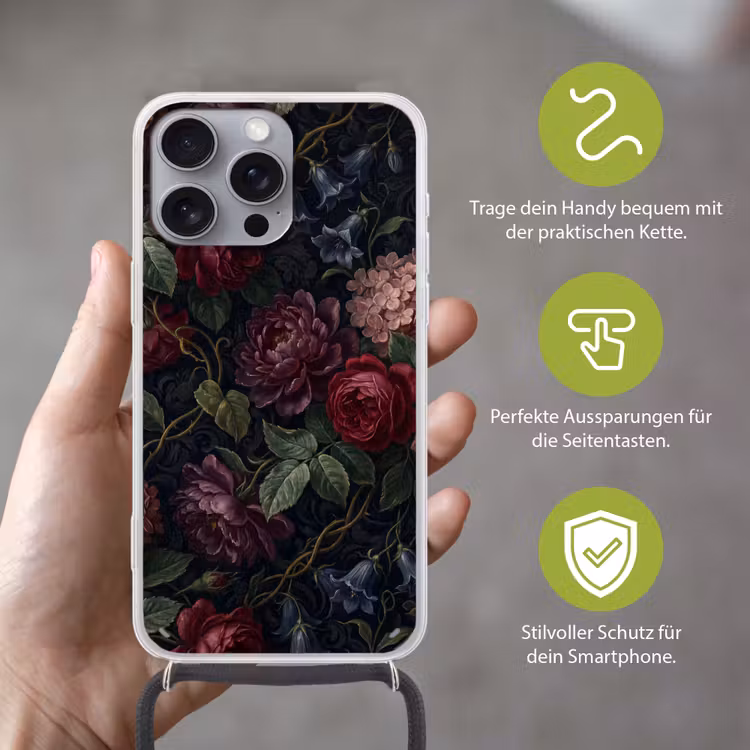 Bloemen - Rood - Klassiek - Donker - Patroon Hoesje iPhone 16 Pro Max met koord klein -sfeer2_DE