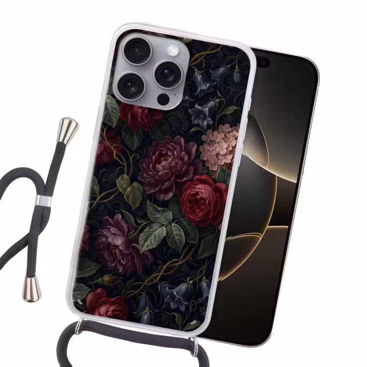 Bloemen - Rood - Klassiek - Donker - Patroon Hoesje iPhone 16 Pro Max met koord klein -sfeer1