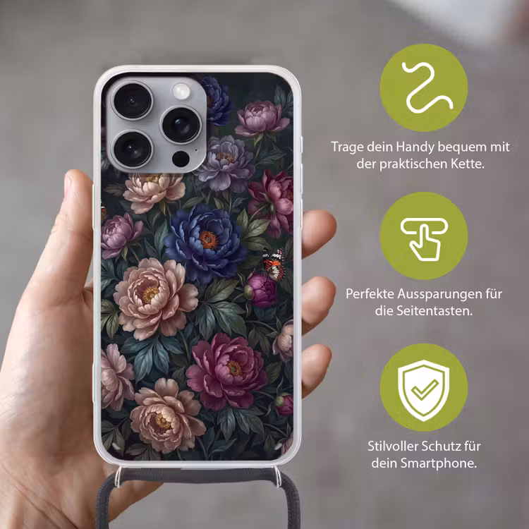 Bloemen - Vlinder - Natuur - Modern - Paars Hoesje iPhone 16 Pro Max met koord klein -sfeer2_DE