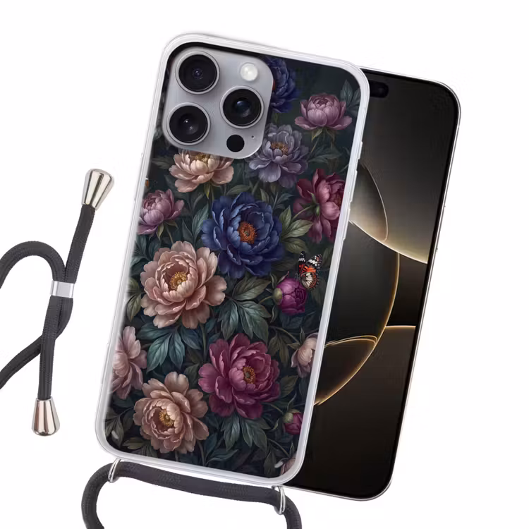 Bloemen - Vlinder - Natuur - Modern - Paars Hoesje iPhone 16 Pro Max met koord klein -sfeer1