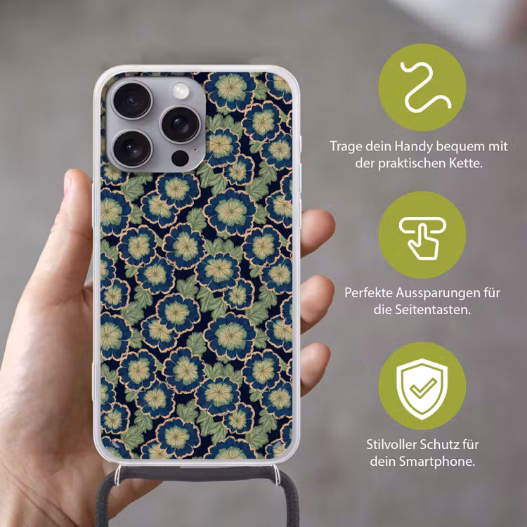 Bloemen - Borduurwerk - Patroon - Blauw - Groen Hoesje iPhone 16 Pro Max met koord klein 804 -sfeer2_DE