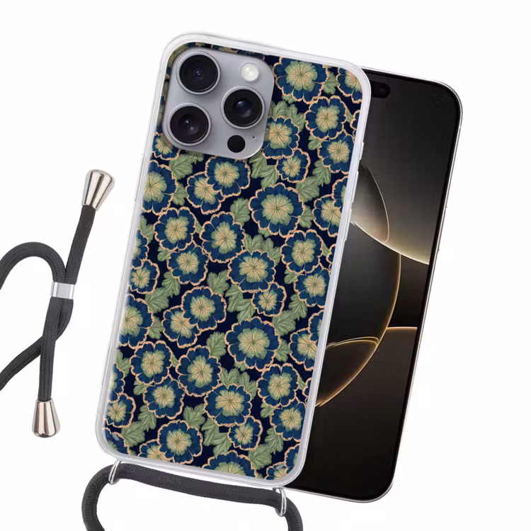 Bloemen - Borduurwerk - Patroon - Blauw - Groen Hoesje iPhone 16 Pro Max met koord klein 804 -sfeer1