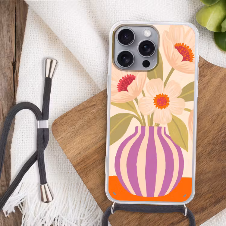 Bloemen - Vaas - Abstract - Paars - Oranje Hoesje iPhone 16 Pro Max met koord klein -sfeer4