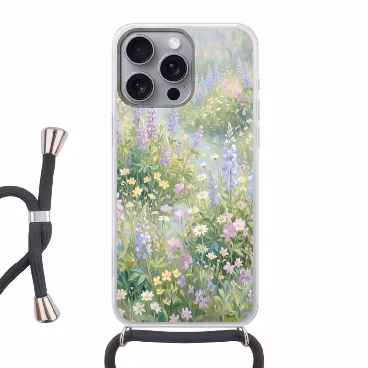 Bloemenveld - Heuvels - Kleurrijk Hoesje iPhone 16 Pro Max met koord klein -3d