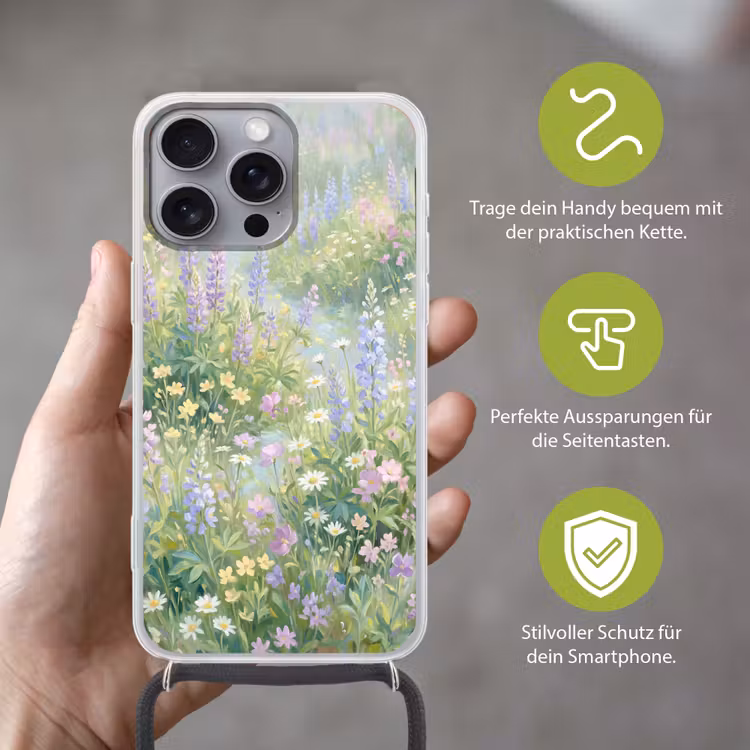 Bloemenveld - Heuvels - Kleurrijk Hoesje iPhone 16 Pro Max met koord klein -sfeer2_DE