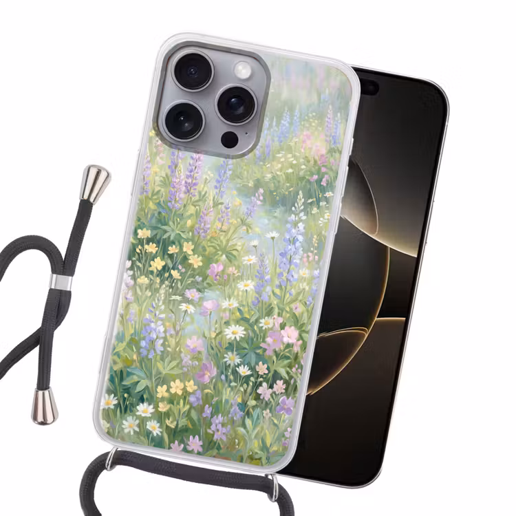 Bloemenveld - Heuvels - Kleurrijk Hoesje iPhone 16 Pro Max met koord klein -sfeer1
