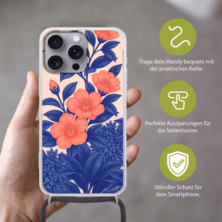 Handyhülle mit Band - Blüten – Blätter – Botanik - Bloemen - Bladeren - Botanisch Hoesje iPhone 16 Pro Max met koord klein