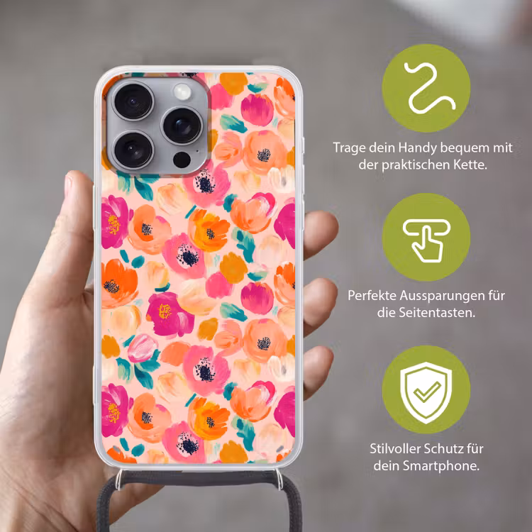 Bloesems - Vrolijk - Kleurrijk Hoesje iPhone 16 Pro Max met koord klein 804 -sfeer2_DE