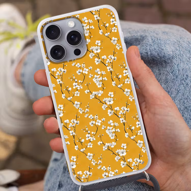 Bloesemtak - Aquarel - Geel Hoesje iPhone 16 Pro Max met koord klein 804 -sfeer3