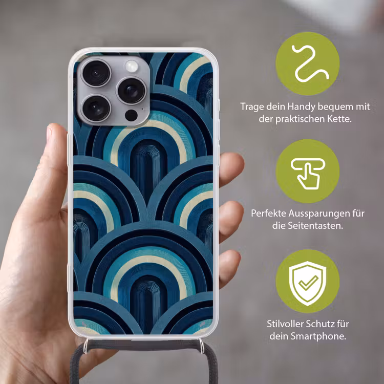 Bogen - Geometrisch - Patroon - Blauw - Retro Hoesje iPhone 16 Pro Max met koord klein 804 -sfeer2_DE