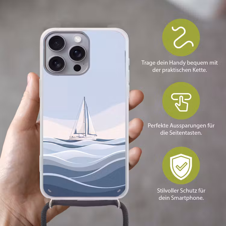 Boot - Zeil - Zee - Modern - Beige Hoesje iPhone 16 Pro Max met koord klein -sfeer2_DE