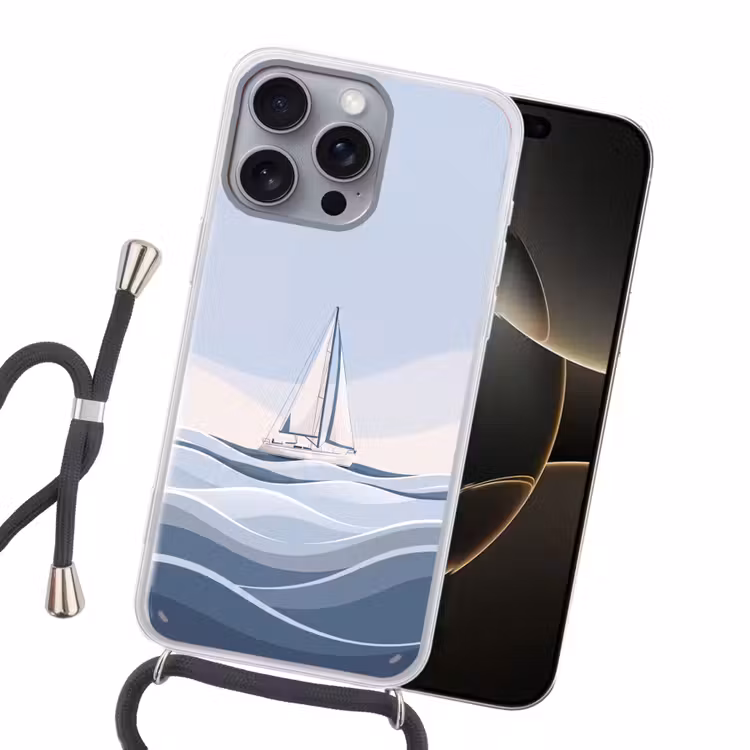 Boot - Zeil - Zee - Modern - Beige Hoesje iPhone 16 Pro Max met koord klein -sfeer1
