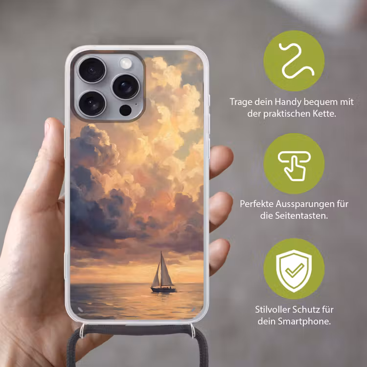 Boot - Zonsondergang - Zee - Natuur - Goud Hoesje iPhone 16 Pro Max met koord klein -sfeer2_DE
