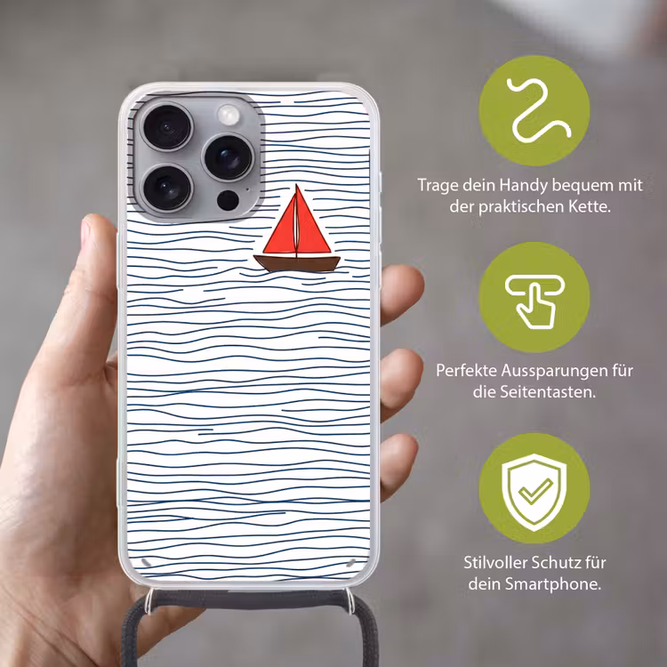 Boot - Water - Rood - Illustratie - Minimalistisch Hoesje iPhone 16 Pro Max met koord klein -sfeer2_DE