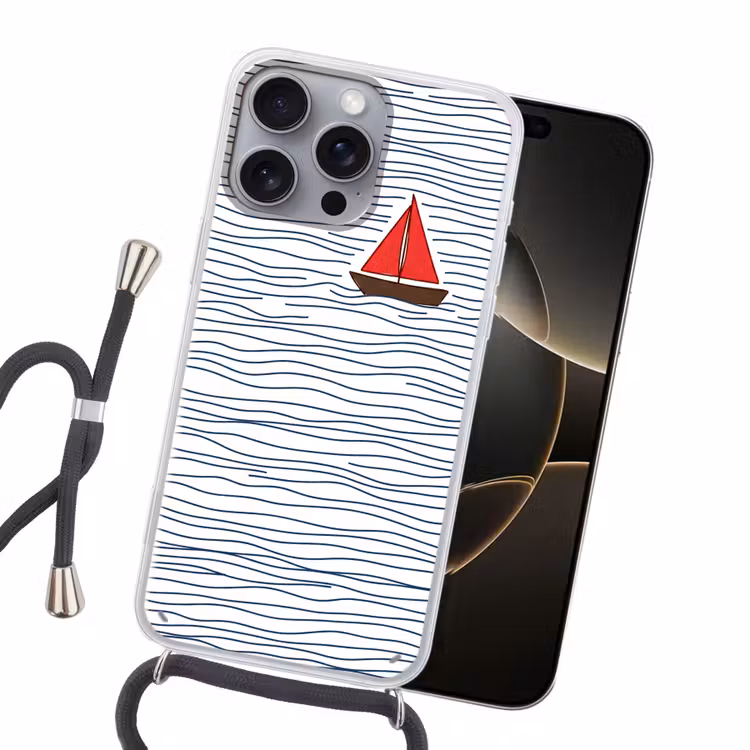 Boot - Water - Rood - Illustratie - Minimalistisch Hoesje iPhone 16 Pro Max met koord klein -sfeer1