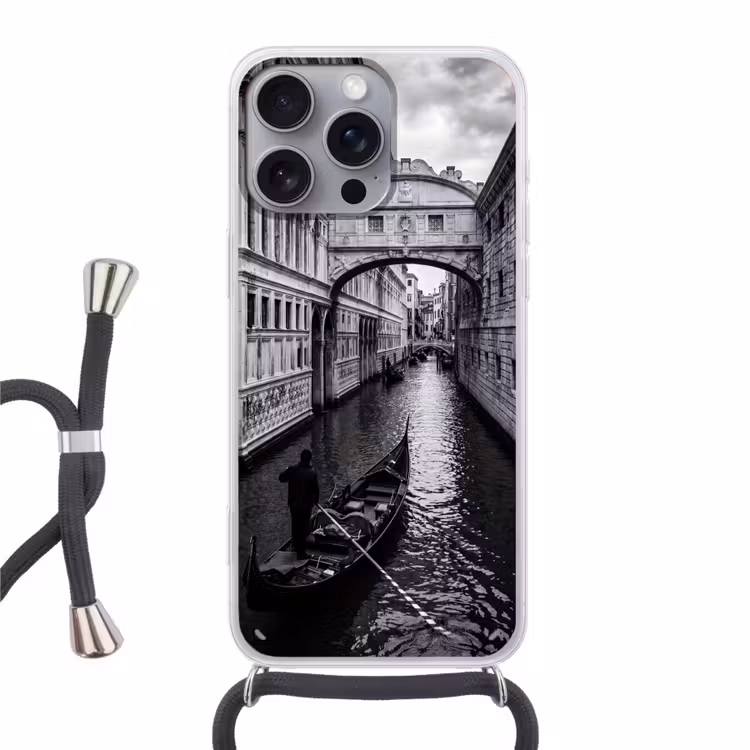 Boot - Waterweg - Stad - Zwart-wit - Architectuur Hoesje iPhone 16 Pro Max met koord klein -3d