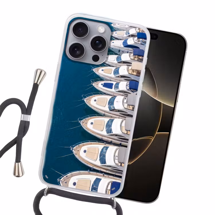 Boot - Jachthaven - Water - Zomer - Blauw Hoesje iPhone 16 Pro Max met koord klein -sfeer1