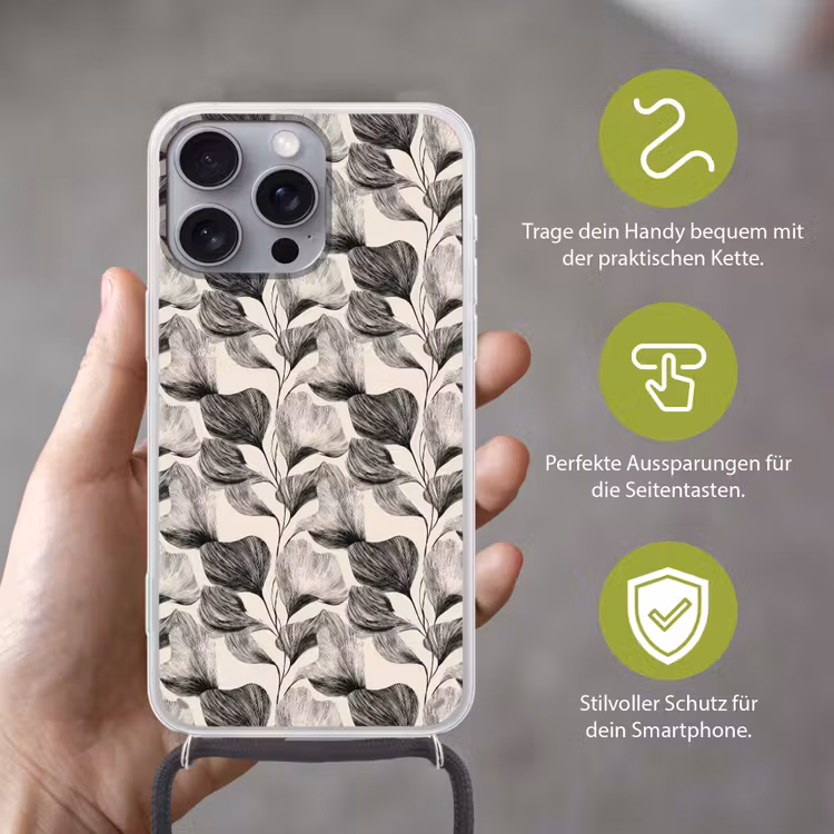 Botanisch - Bladeren - Zwart Hoesje iPhone 16 Pro Max met koord klein 804 -sfeer2_DE