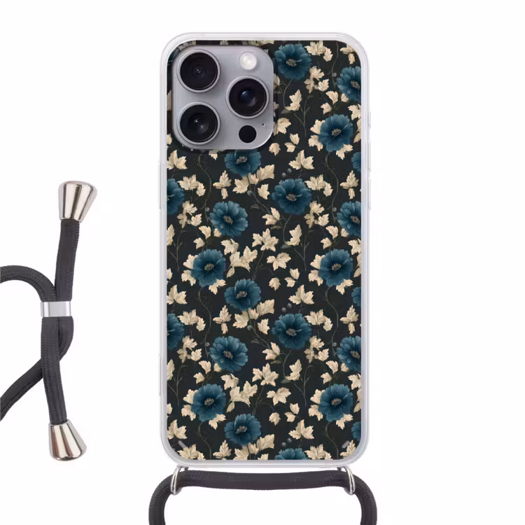 Botanisch - Bloemen - Blauw Hoesje iPhone 16 Pro Max met koord klein 804 -3d