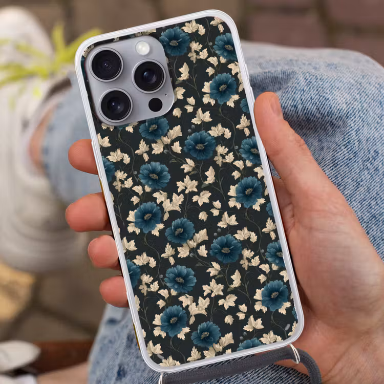 Botanisch - Bloemen - Blauw Hoesje iPhone 16 Pro Max met koord klein 804 -sfeer3