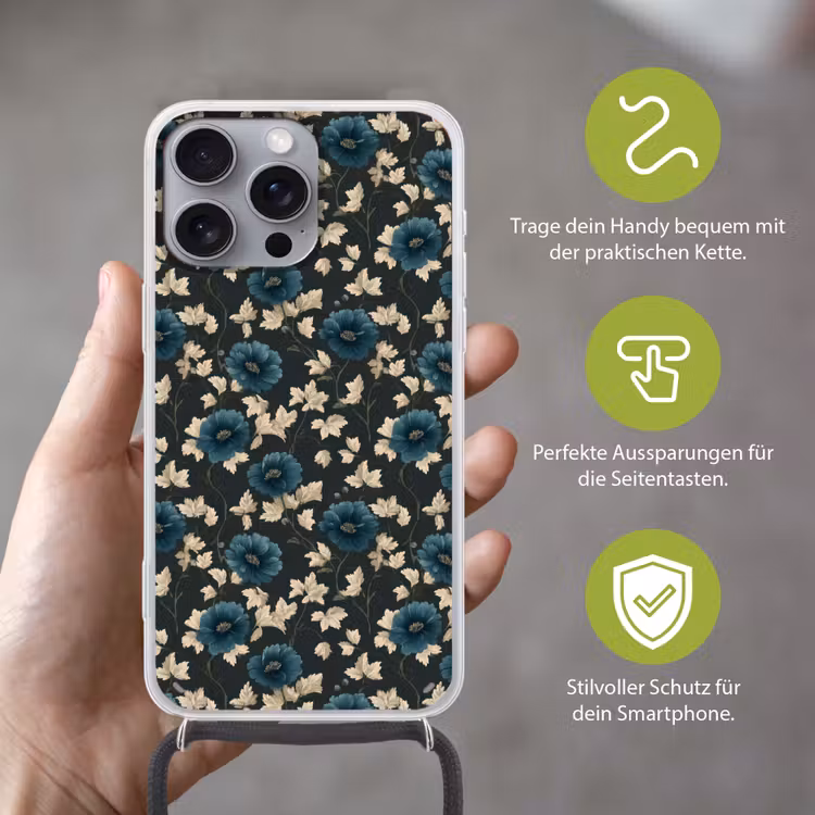Botanisch - Bloemen - Blauw Hoesje iPhone 16 Pro Max met koord klein 804 -sfeer2_DE