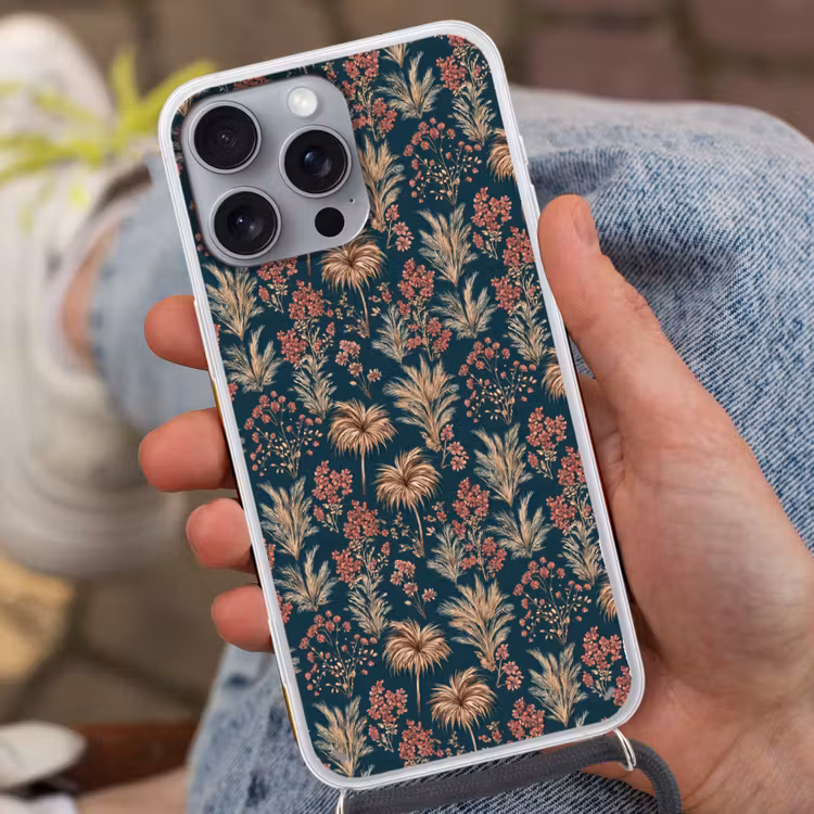 Botanisch - Patroon - Blauw Hoesje iPhone 16 Pro Max met koord klein 804 -sfeer3