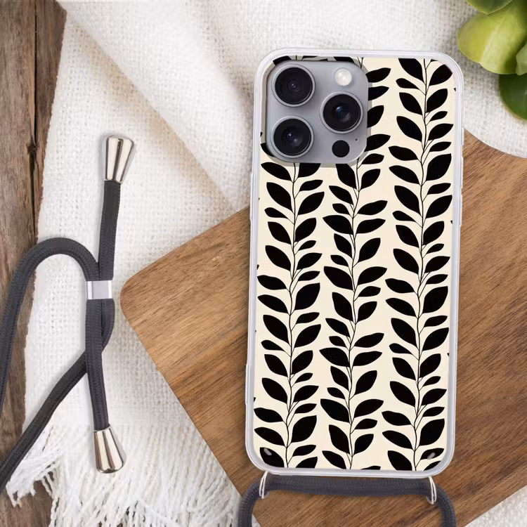 Botanisch - Dessin - Zwart - Beige Hoesje iPhone 16 Pro Max met koord klein 804 -sfeer4
