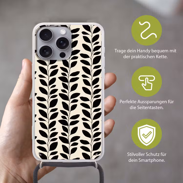 Botanisch - Dessin - Zwart - Beige Hoesje iPhone 16 Pro Max met koord klein 804 -sfeer2_DE