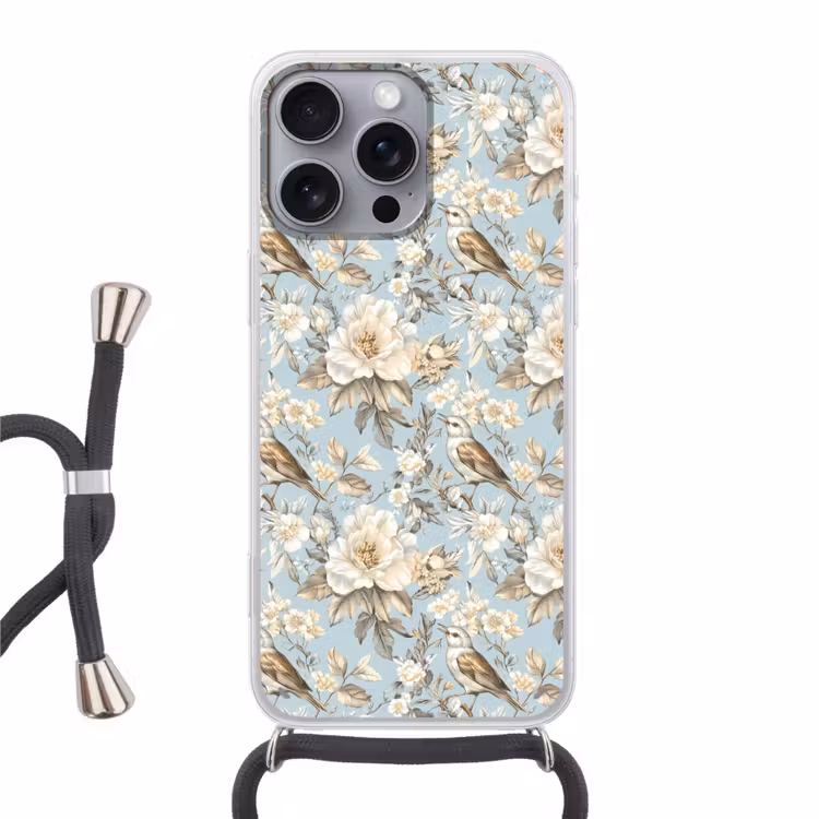 Botanisch - Zangvogel - Blauw Hoesje iPhone 16 Pro Max met koord klein 804 -3d