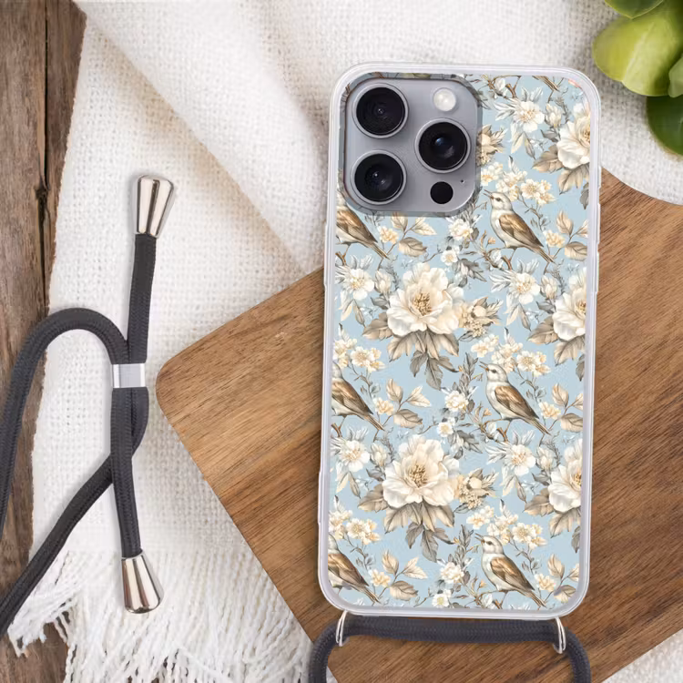Botanisch - Zangvogel - Blauw Hoesje iPhone 16 Pro Max met koord klein 804 -sfeer4