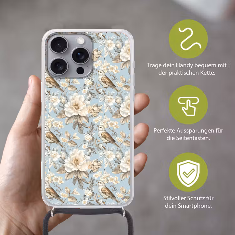 Botanisch - Zangvogel - Blauw Hoesje iPhone 16 Pro Max met koord klein 804 -sfeer2_DE