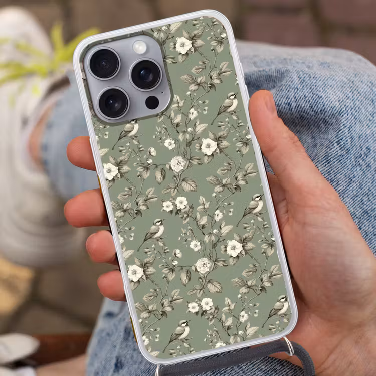 Botanisch - Vogels - Groen Hoesje iPhone 16 Pro Max met koord klein 804 -sfeer3