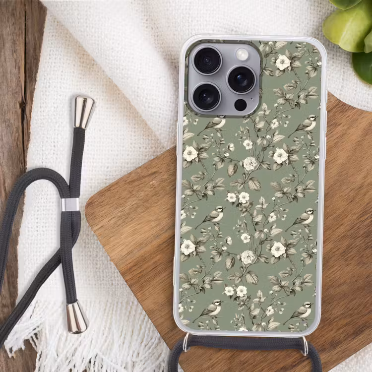 Botanisch - Vogels - Groen Hoesje iPhone 16 Pro Max met koord klein 804 -sfeer4