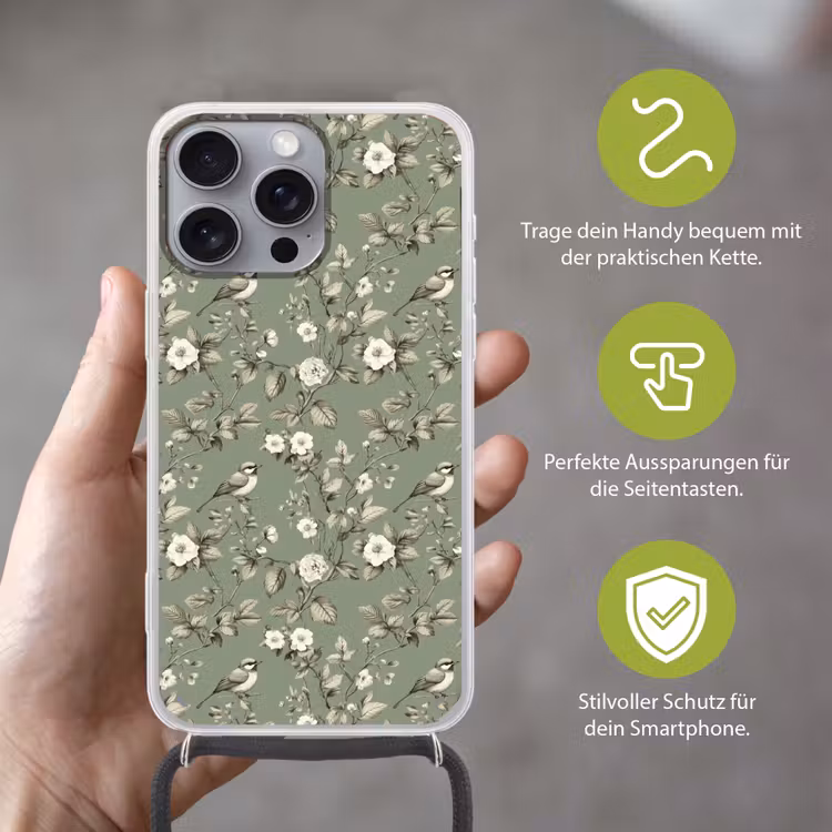 Botanisch - Vogels - Groen Hoesje iPhone 16 Pro Max met koord klein 804 -sfeer2_DE
