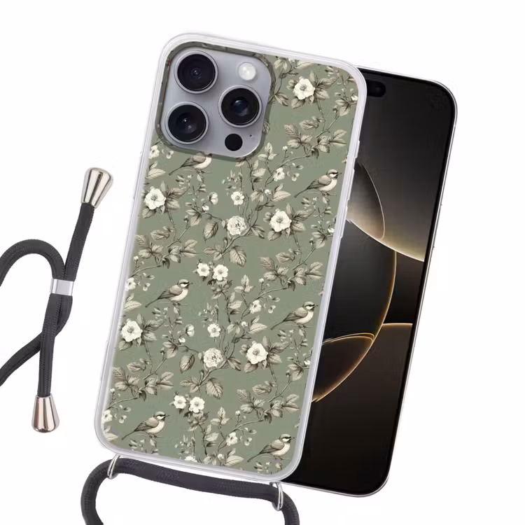 Botanisch - Vogels - Groen Hoesje iPhone 16 Pro Max met koord klein 804 -sfeer1