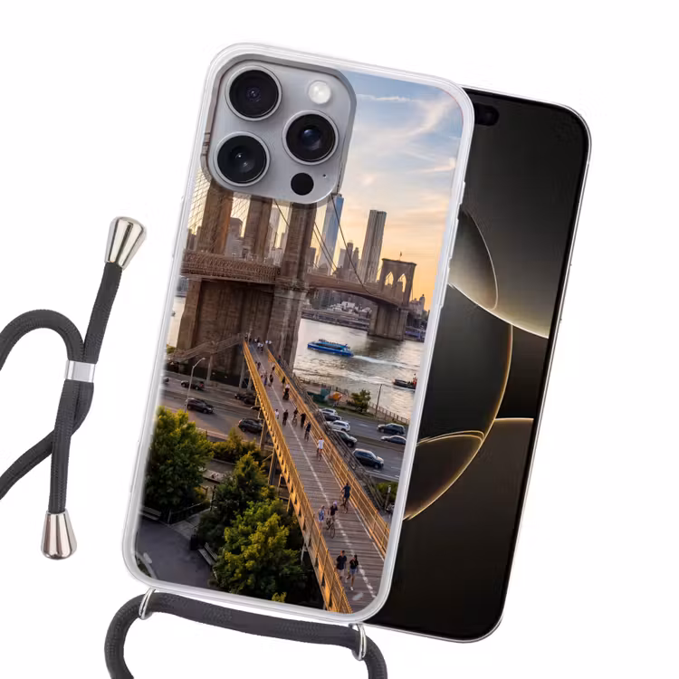Brug - Rivier - Stad - Zonsondergang - Architectuur Hoesje iPhone 16 Pro Max met koord klein -sfeer1