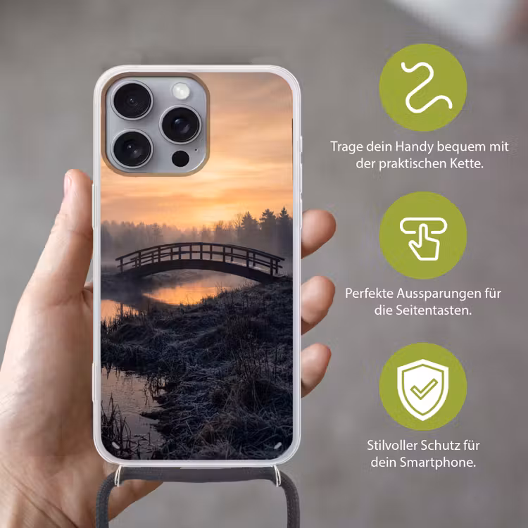 Brug - Mist - Bomen - Water Hoesje iPhone 16 Pro Max met koord klein -sfeer2_DE