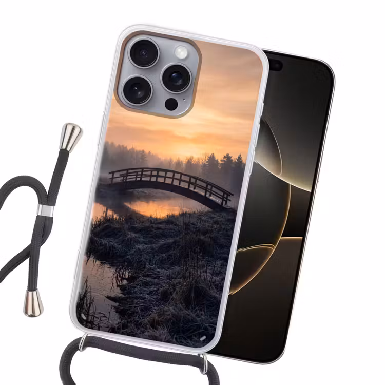 Brug - Mist - Bomen - Water Hoesje iPhone 16 Pro Max met koord klein -sfeer1