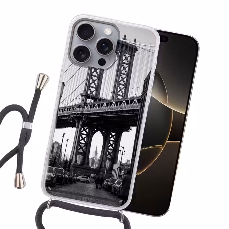 Brug - Stad - Architectuur - Modern - Zwart-wit Hoesje iPhone 16 Pro Max met koord klein -sfeer1