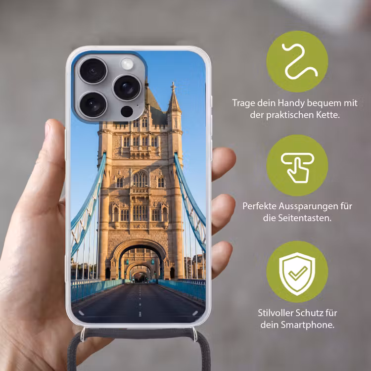 Brug - Toren - Architectuur - Klassiek - Blauw Hoesje iPhone 16 Pro Max met koord klein -sfeer2_DE