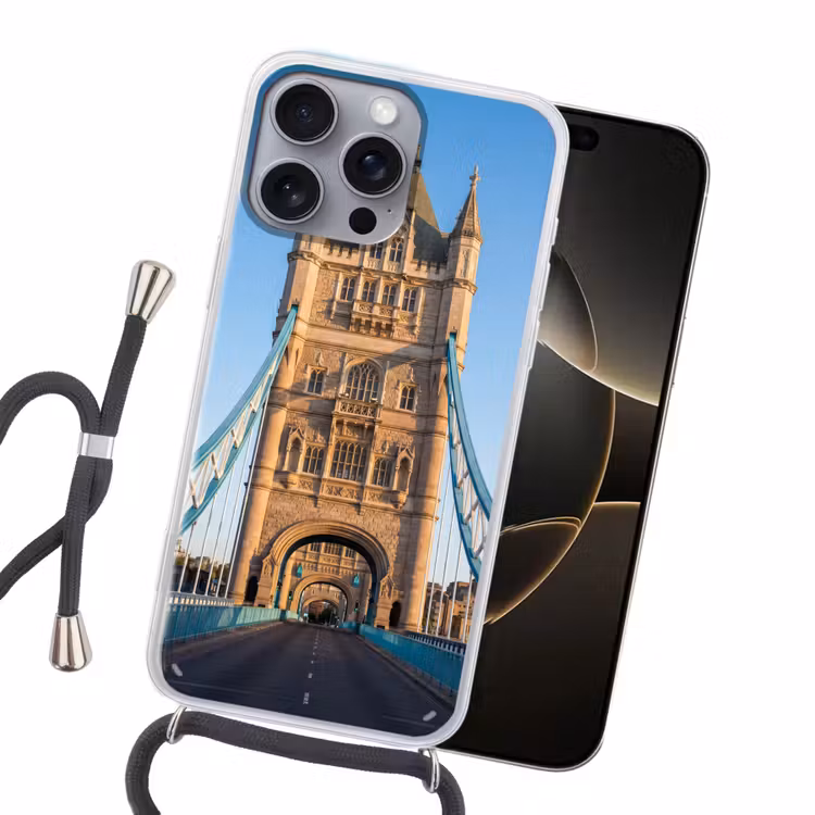 Brug - Toren - Architectuur - Klassiek - Blauw Hoesje iPhone 16 Pro Max met koord klein -sfeer1