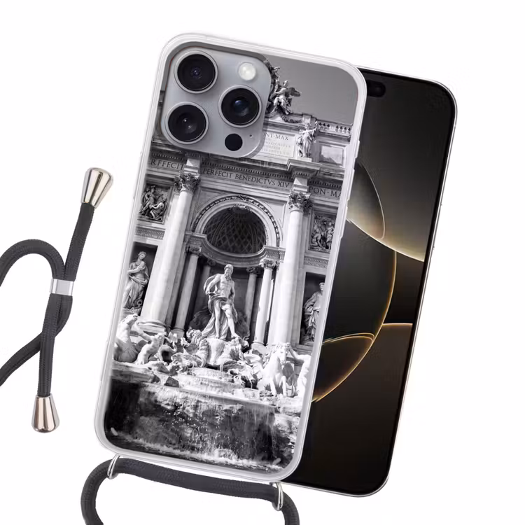 Fontein - Beelden - Architectuur - Zwart-wit Hoesje iPhone 16 Pro Max met koord klein -sfeer1
